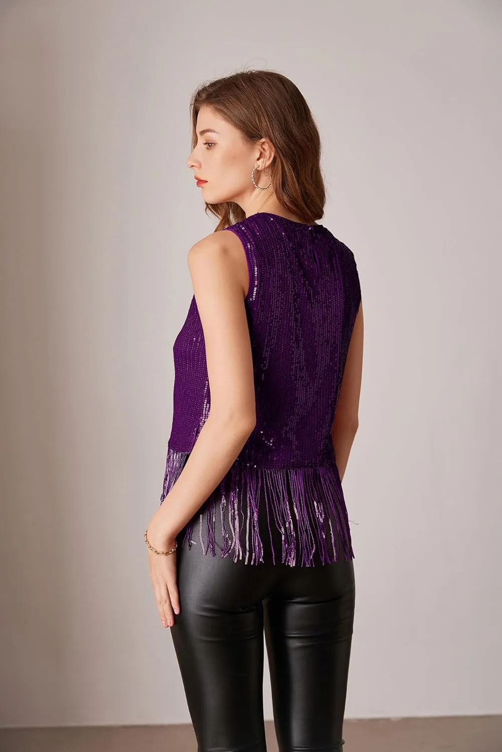 GRACE KARIN Sparkly Fringe Tops for Women Sleeveless Crewneck Tassel Sequin Tank Top Glitter Crop Party Shirt Cami Outfit
