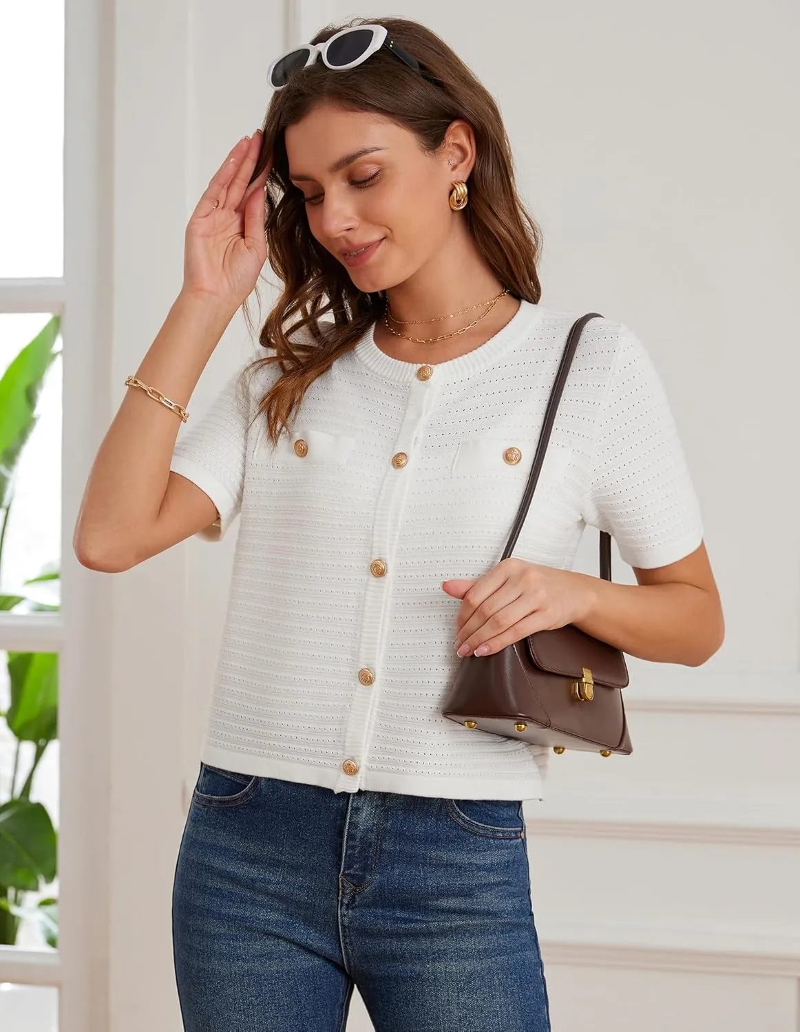 GRACE KARIN Womens Cardigan Sweaters 2025 Summer Open Front Button Down Short Sleeve Textured Knitted Sweater Tops Outfit