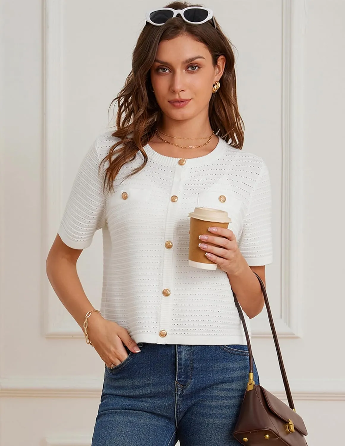 GRACE KARIN Womens Cardigan Sweaters 2025 Summer Open Front Button Down Short Sleeve Textured Knitted Sweater Tops Outfit