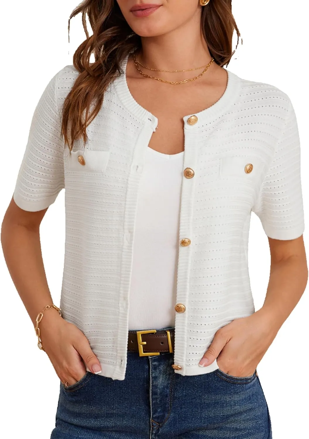 GRACE KARIN Womens Cardigan Sweaters 2025 Summer Open Front Button Down Short Sleeve Textured Knitted Sweater Tops Outfit