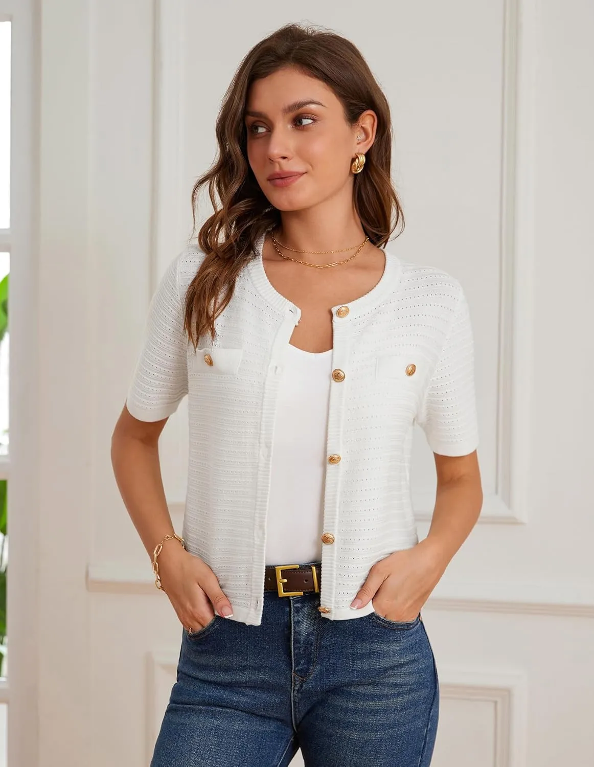 GRACE KARIN Womens Cardigan Sweaters 2025 Summer Open Front Button Down Short Sleeve Textured Knitted Sweater Tops Outfit