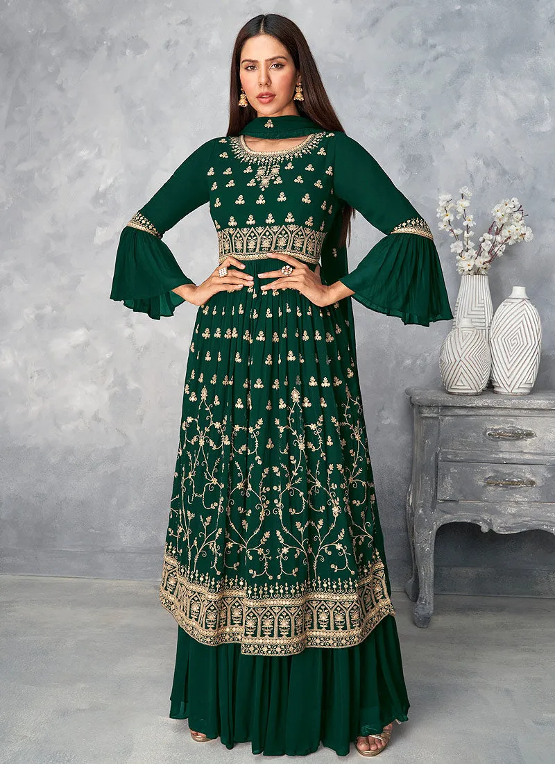 Green Golden Embroidered Designer Palazzo Suit