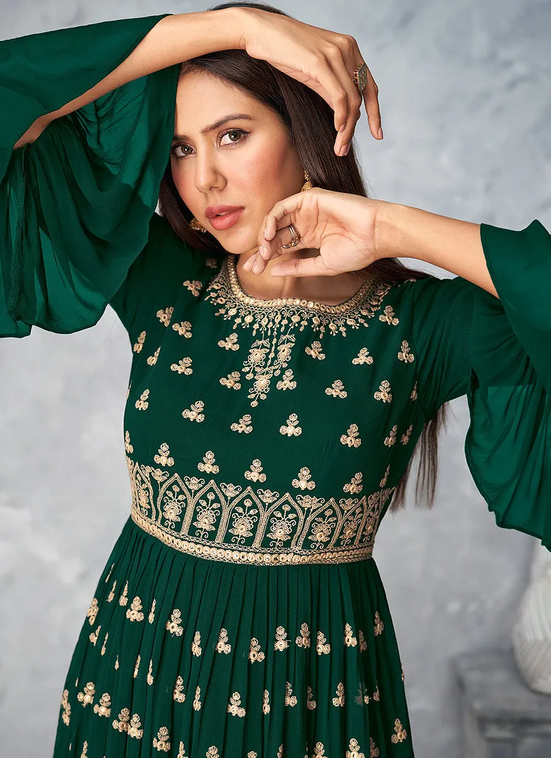 Green Golden Embroidered Designer Palazzo Suit