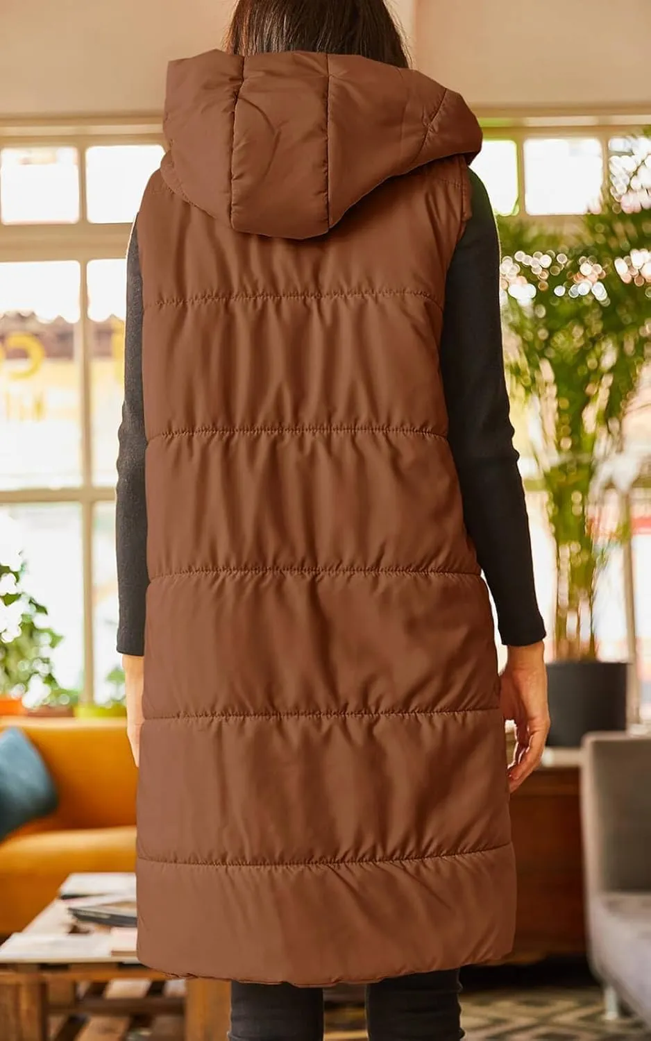 Grlasen Women's Long Quilted Puffer Vest Sleeveless Hooded Button Down Padded Coats Jacket Outerwear with Pockets