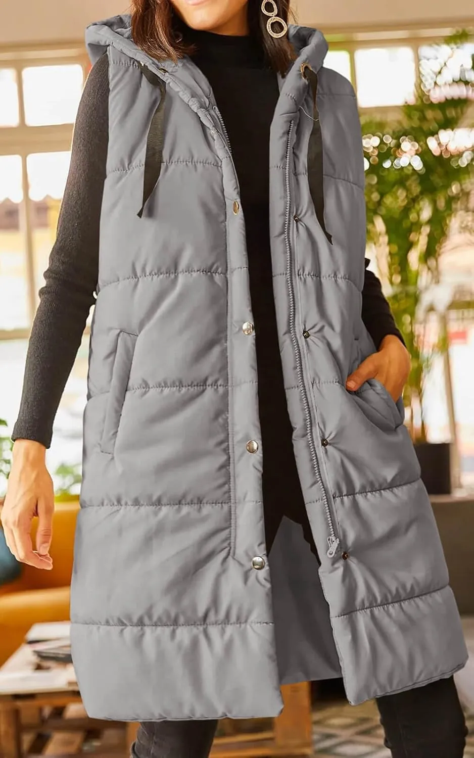 Grlasen Women's Long Quilted Puffer Vest Sleeveless Hooded Button Down Padded Coats Jacket Outerwear with Pockets