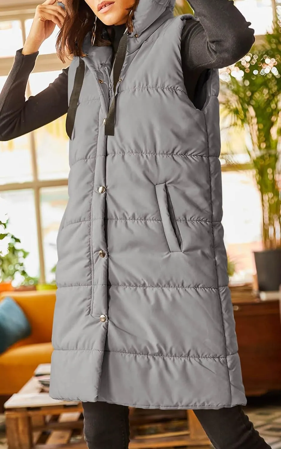 Grlasen Women's Long Quilted Puffer Vest Sleeveless Hooded Button Down Padded Coats Jacket Outerwear with Pockets