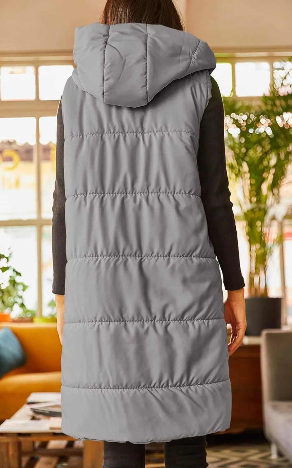 Grlasen Women's Long Quilted Puffer Vest Sleeveless Hooded Button Down Padded Coats Jacket Outerwear with Pockets