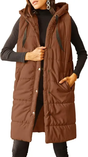 Grlasen Women's Long Quilted Puffer Vest Sleeveless Hooded Button Down Padded Coats Jacket Outerwear with Pockets