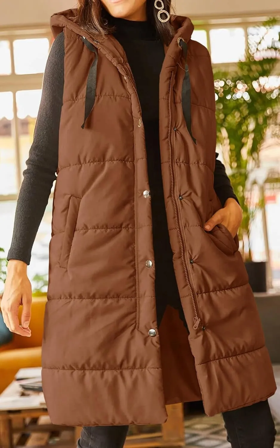 Grlasen Women's Long Quilted Puffer Vest Sleeveless Hooded Button Down Padded Coats Jacket Outerwear with Pockets