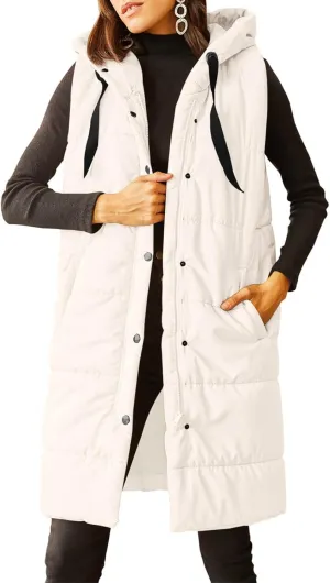 Grlasen Women's Long Quilted Puffer Vest Sleeveless Hooded Button Down Padded Coats Jacket Outerwear with Pockets