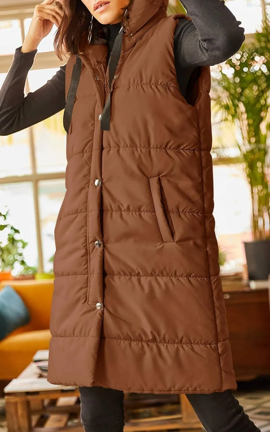 Grlasen Women's Long Quilted Puffer Vest Sleeveless Hooded Button Down Padded Coats Jacket Outerwear with Pockets