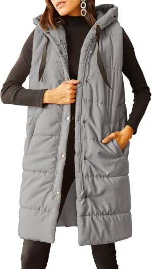 Grlasen Women's Long Quilted Puffer Vest Sleeveless Hooded Button Down Padded Coats Jacket Outerwear with Pockets