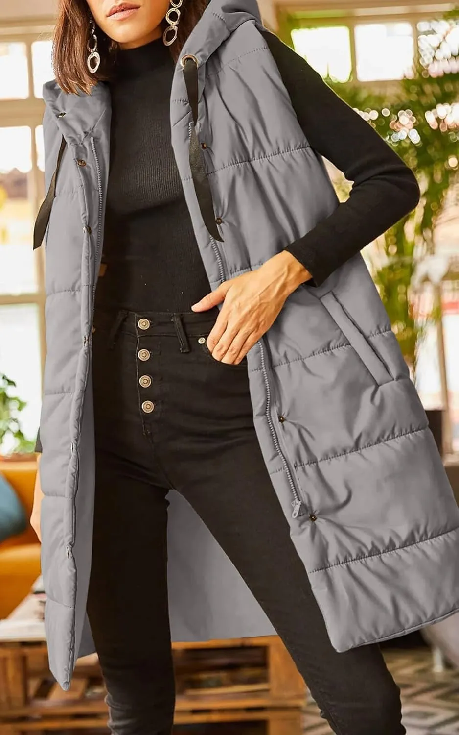 Grlasen Women's Long Quilted Puffer Vest Sleeveless Hooded Button Down Padded Coats Jacket Outerwear with Pockets