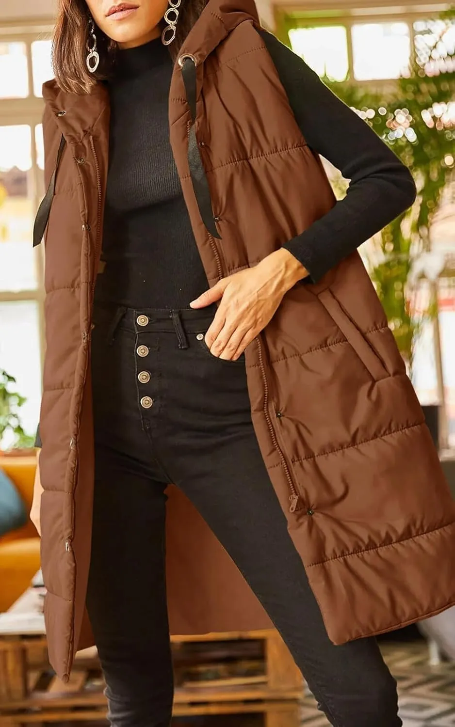 Grlasen Women's Long Quilted Puffer Vest Sleeveless Hooded Button Down Padded Coats Jacket Outerwear with Pockets