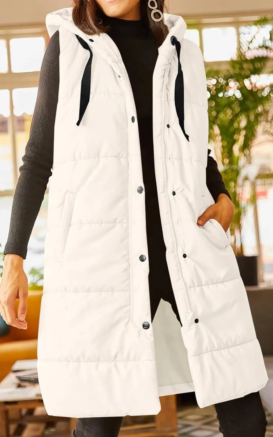 Grlasen Women's Long Quilted Puffer Vest Sleeveless Hooded Button Down Padded Coats Jacket Outerwear with Pockets