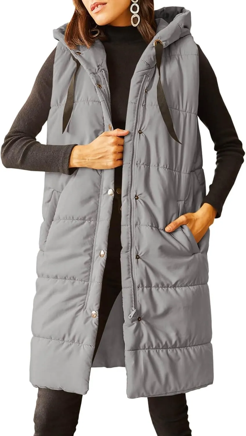 Grlasen Women's Long Quilted Puffer Vest Sleeveless Hooded Button Down Padded Coats Jacket Outerwear with Pockets