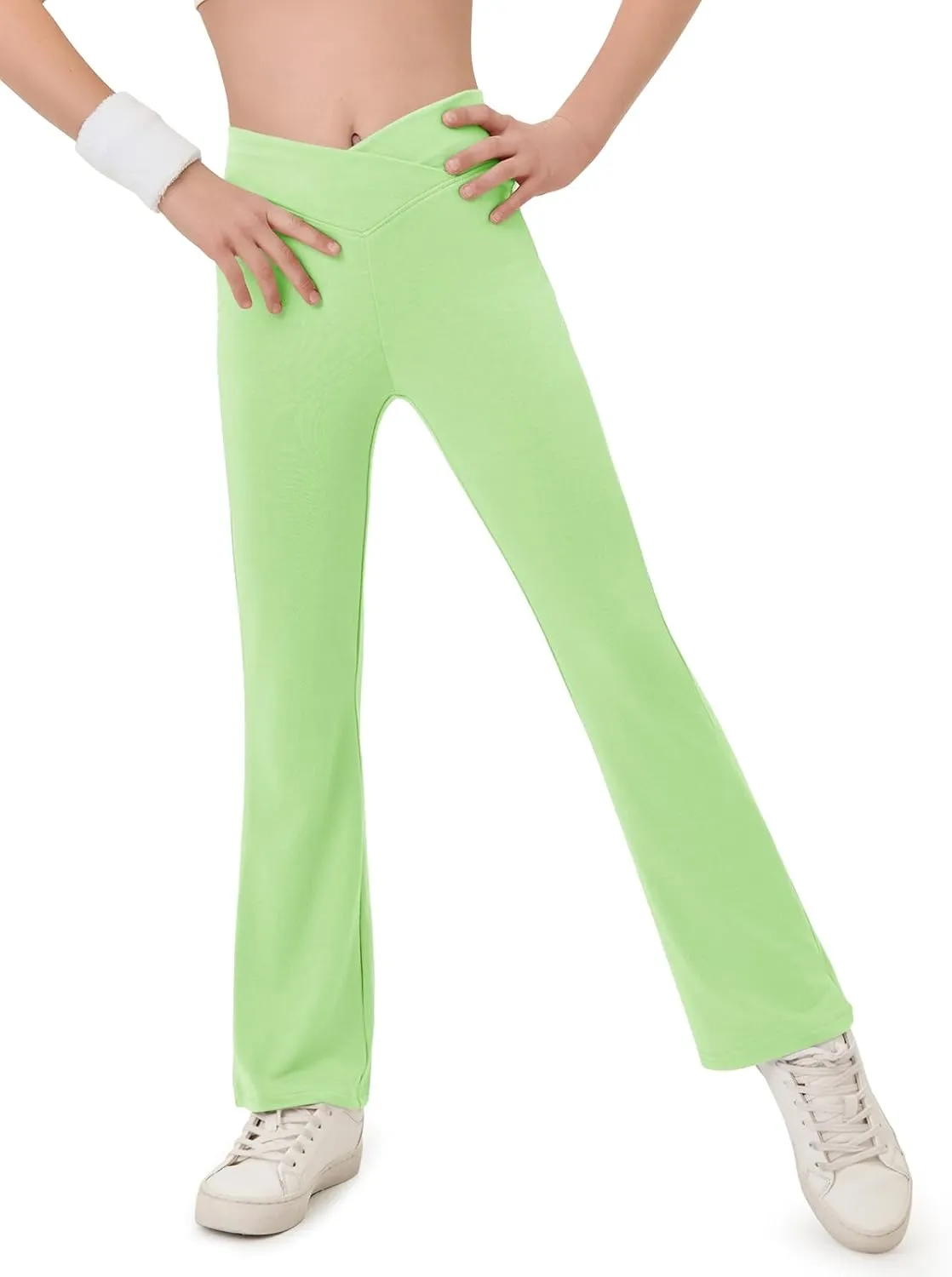 Haloumoning Girls Crossover High Waisted Flare Pants Kids Bootcut Leggings Full Length Bell Bottoms 5-14 Years