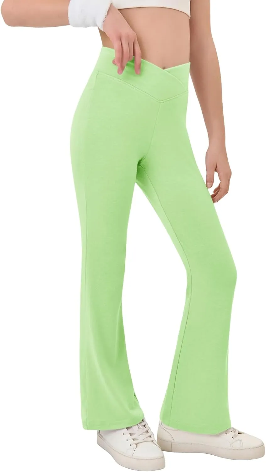 Haloumoning Girls Crossover High Waisted Flare Pants Kids Bootcut Leggings Full Length Bell Bottoms 5-14 Years