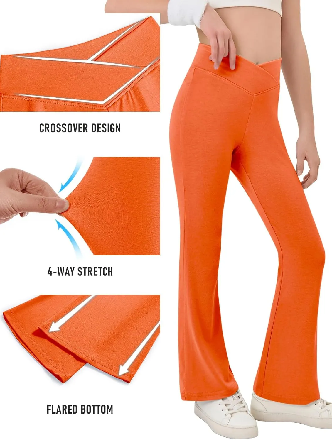 Haloumoning Girls Crossover High Waisted Flare Pants Kids Bootcut Leggings Full Length Bell Bottoms 5-14 Years