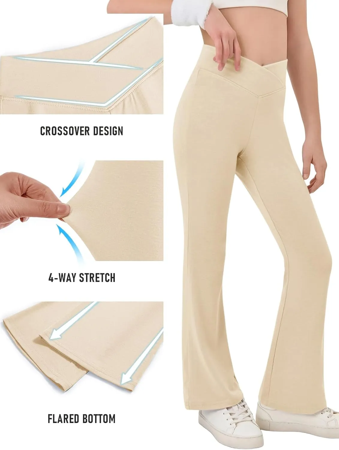 Haloumoning Girls Crossover High Waisted Flare Pants Kids Bootcut Leggings Full Length Bell Bottoms 5-14 Years
