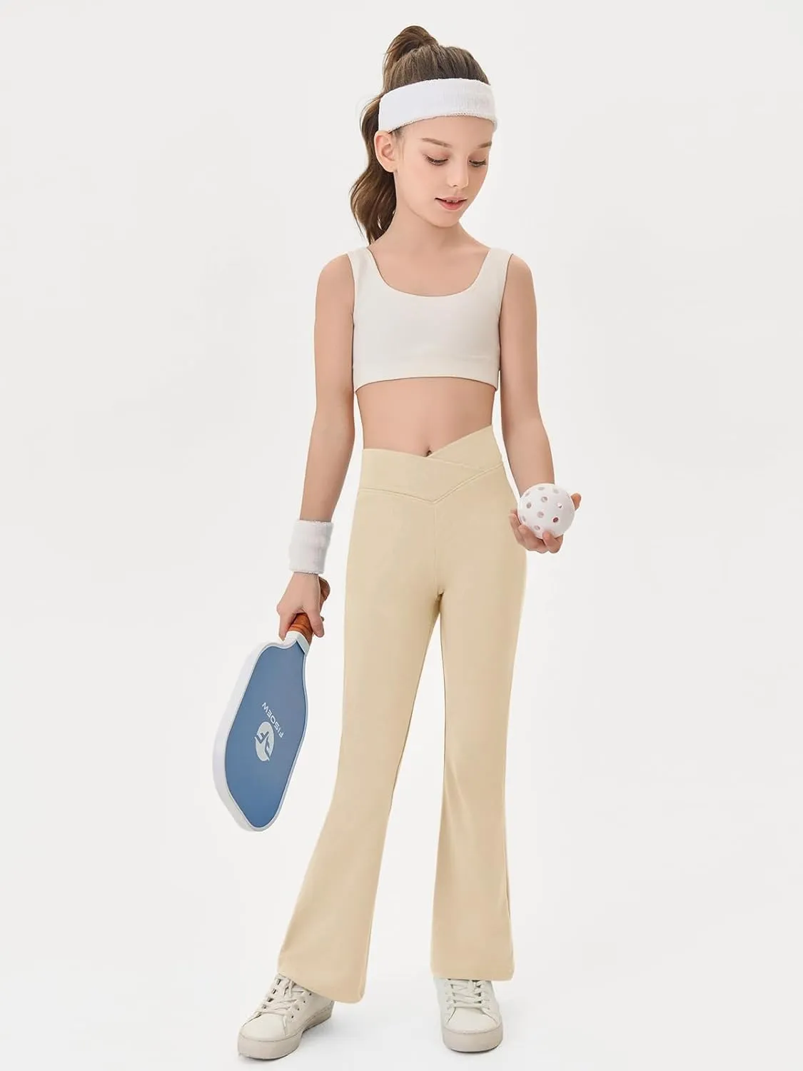 Haloumoning Girls Crossover High Waisted Flare Pants Kids Bootcut Leggings Full Length Bell Bottoms 5-14 Years