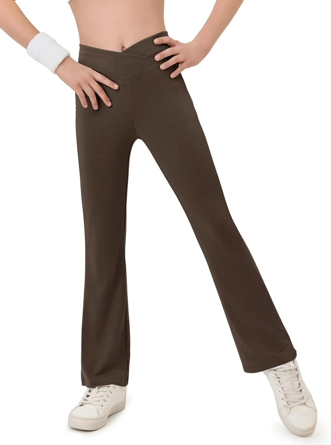 Haloumoning Girls Crossover High Waisted Flare Pants Kids Bootcut Leggings Full Length Bell Bottoms 5-14 Years