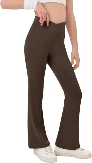 Haloumoning Girls Crossover High Waisted Flare Pants Kids Bootcut Leggings Full Length Bell Bottoms 5-14 Years