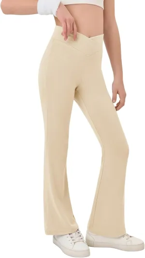 Haloumoning Girls Crossover High Waisted Flare Pants Kids Bootcut Leggings Full Length Bell Bottoms 5-14 Years