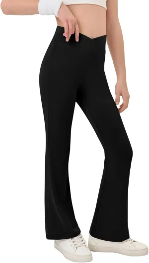Haloumoning Girls Crossover High Waisted Flare Pants Kids Bootcut Leggings Full Length Bell Bottoms 5-14 Years