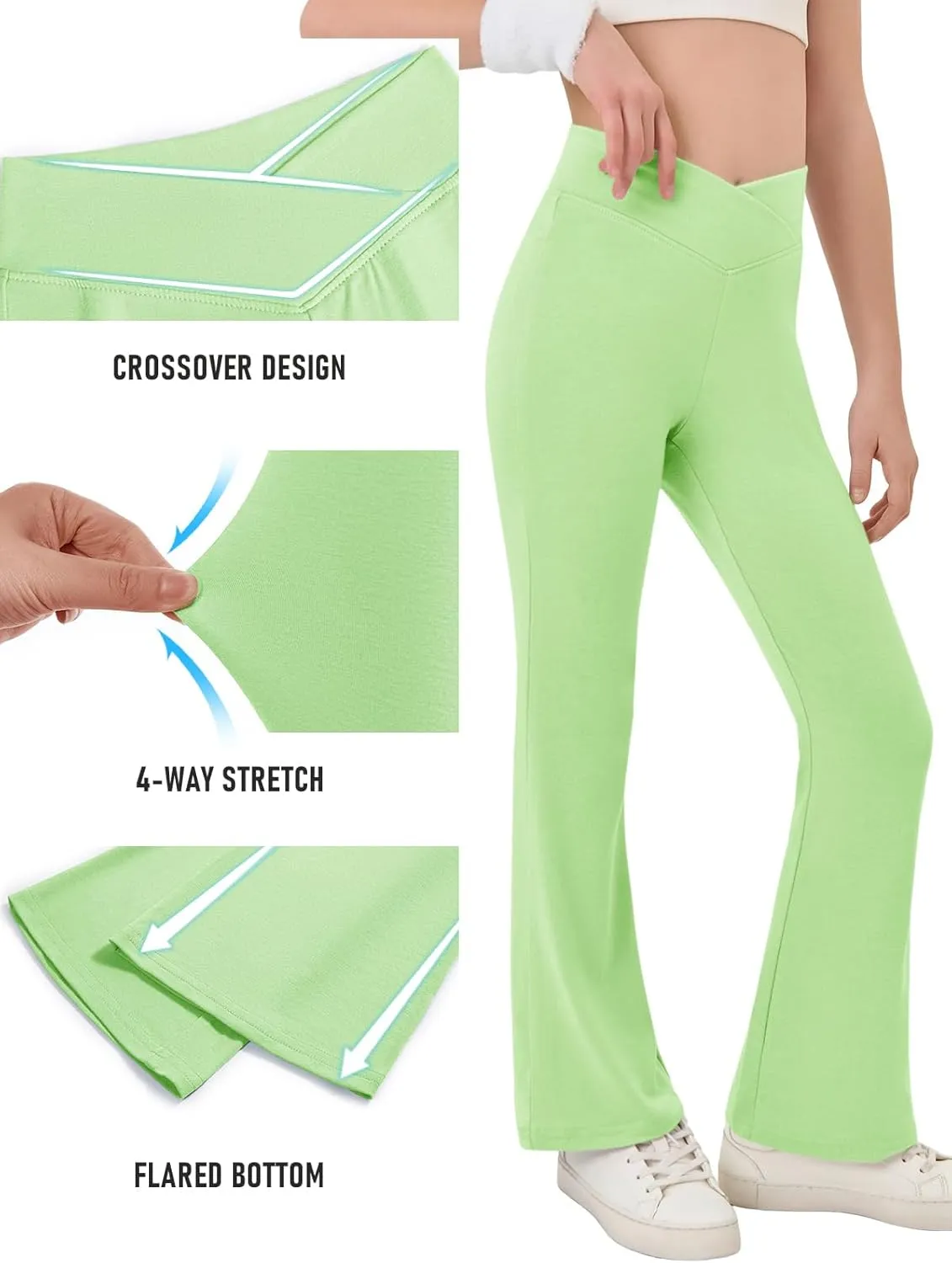 Haloumoning Girls Crossover High Waisted Flare Pants Kids Bootcut Leggings Full Length Bell Bottoms 5-14 Years