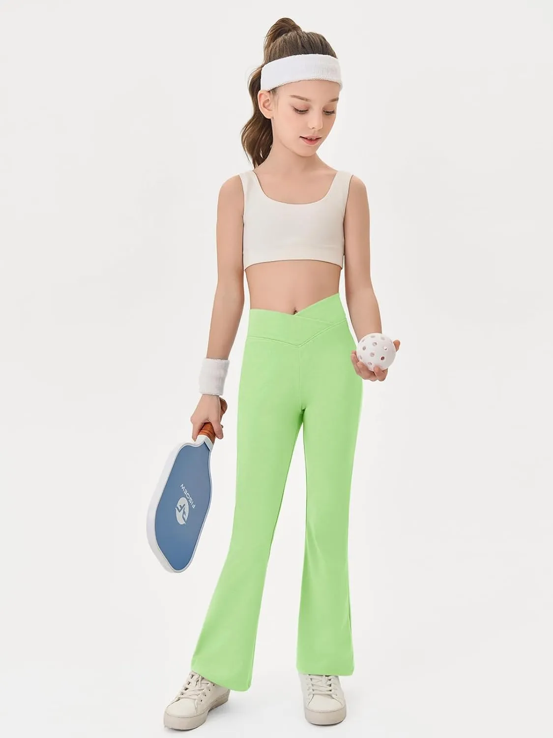 Haloumoning Girls Crossover High Waisted Flare Pants Kids Bootcut Leggings Full Length Bell Bottoms 5-14 Years