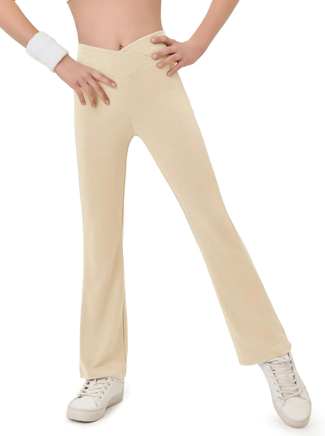 Haloumoning Girls Crossover High Waisted Flare Pants Kids Bootcut Leggings Full Length Bell Bottoms 5-14 Years