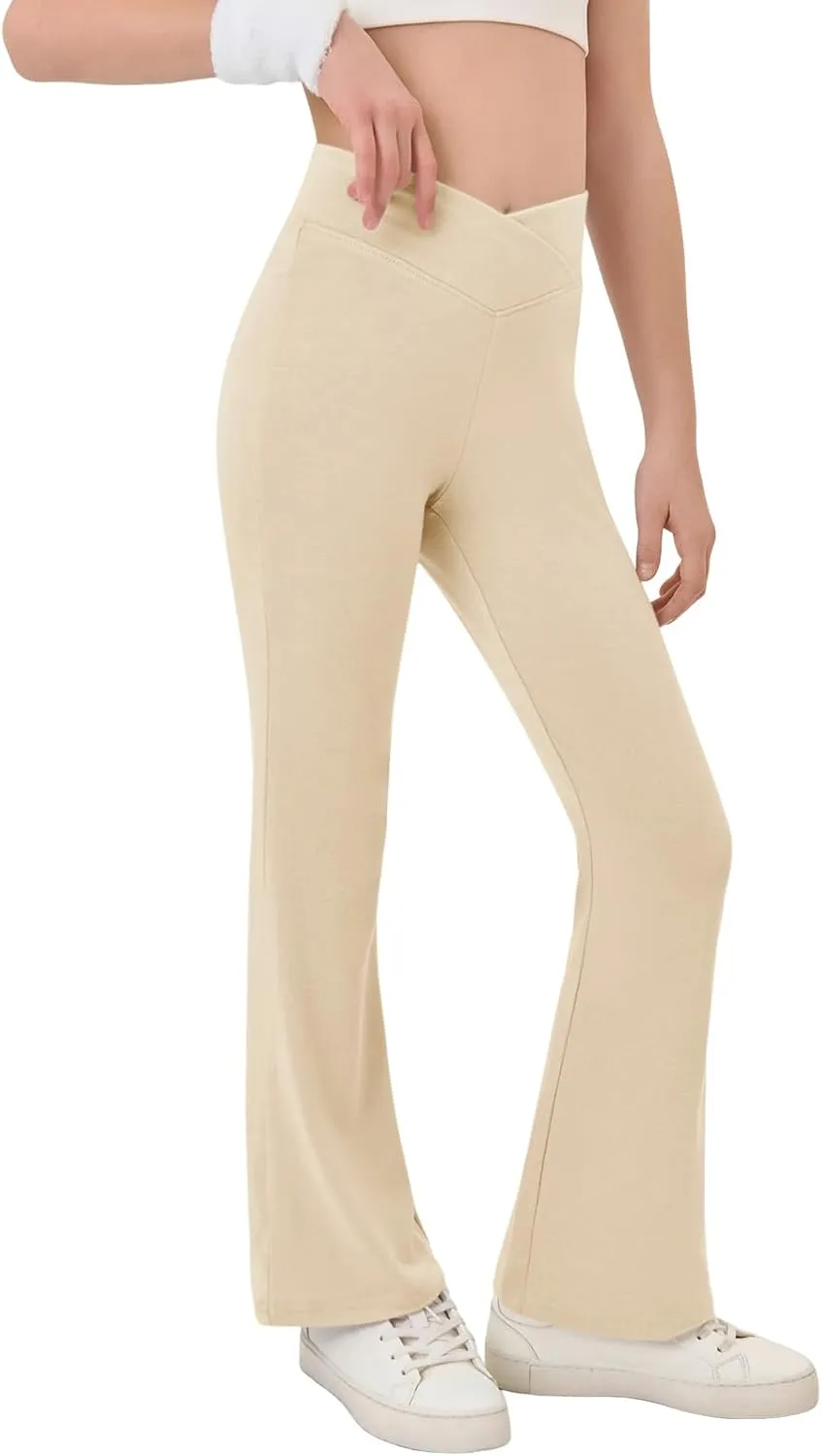 Haloumoning Girls Crossover High Waisted Flare Pants Kids Bootcut Leggings Full Length Bell Bottoms 5-14 Years