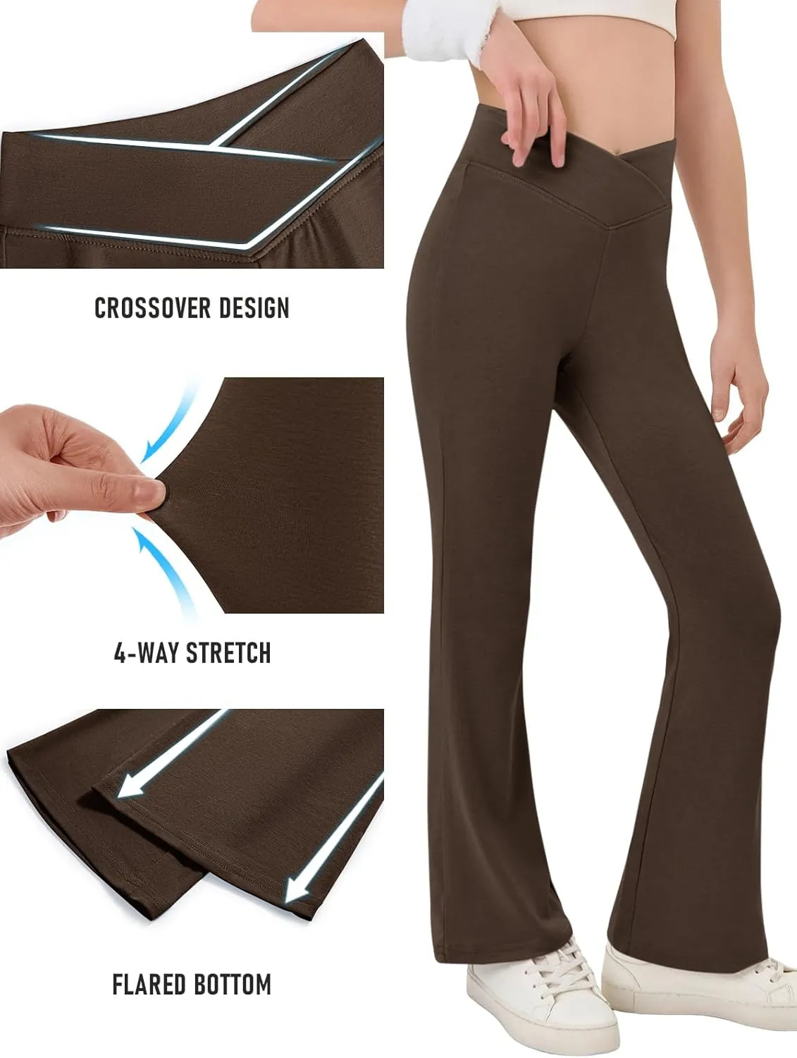 Haloumoning Girls Crossover High Waisted Flare Pants Kids Bootcut Leggings Full Length Bell Bottoms 5-14 Years