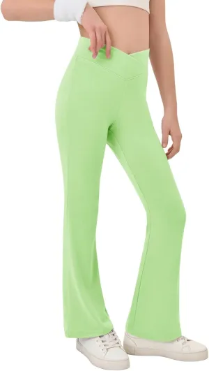 Haloumoning Girls Crossover High Waisted Flare Pants Kids Bootcut Leggings Full Length Bell Bottoms 5-14 Years