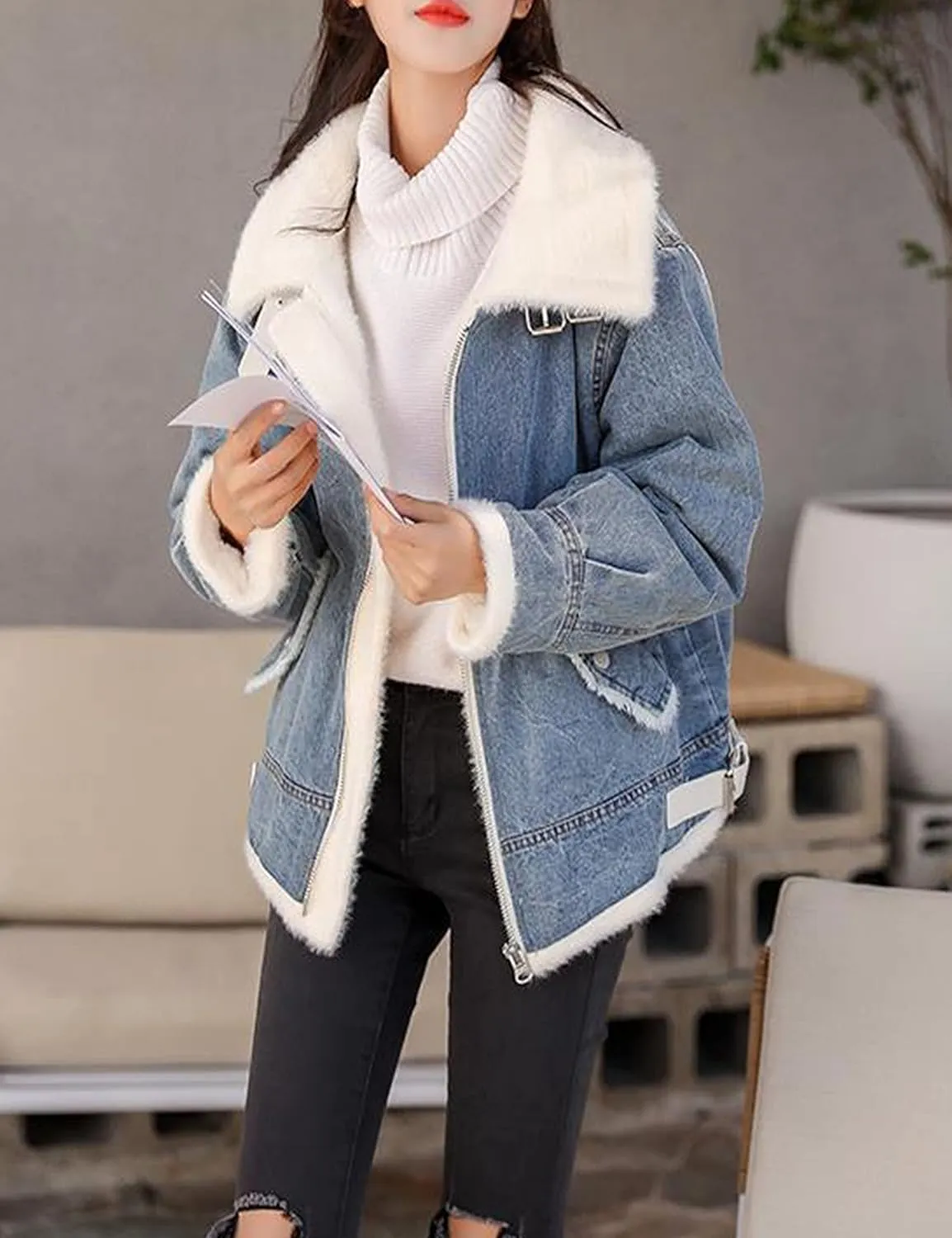 HangNiFang Women's Sherpa Fleece Lined Denim Jacket Winter Zip Up Jean Coat Outerwear