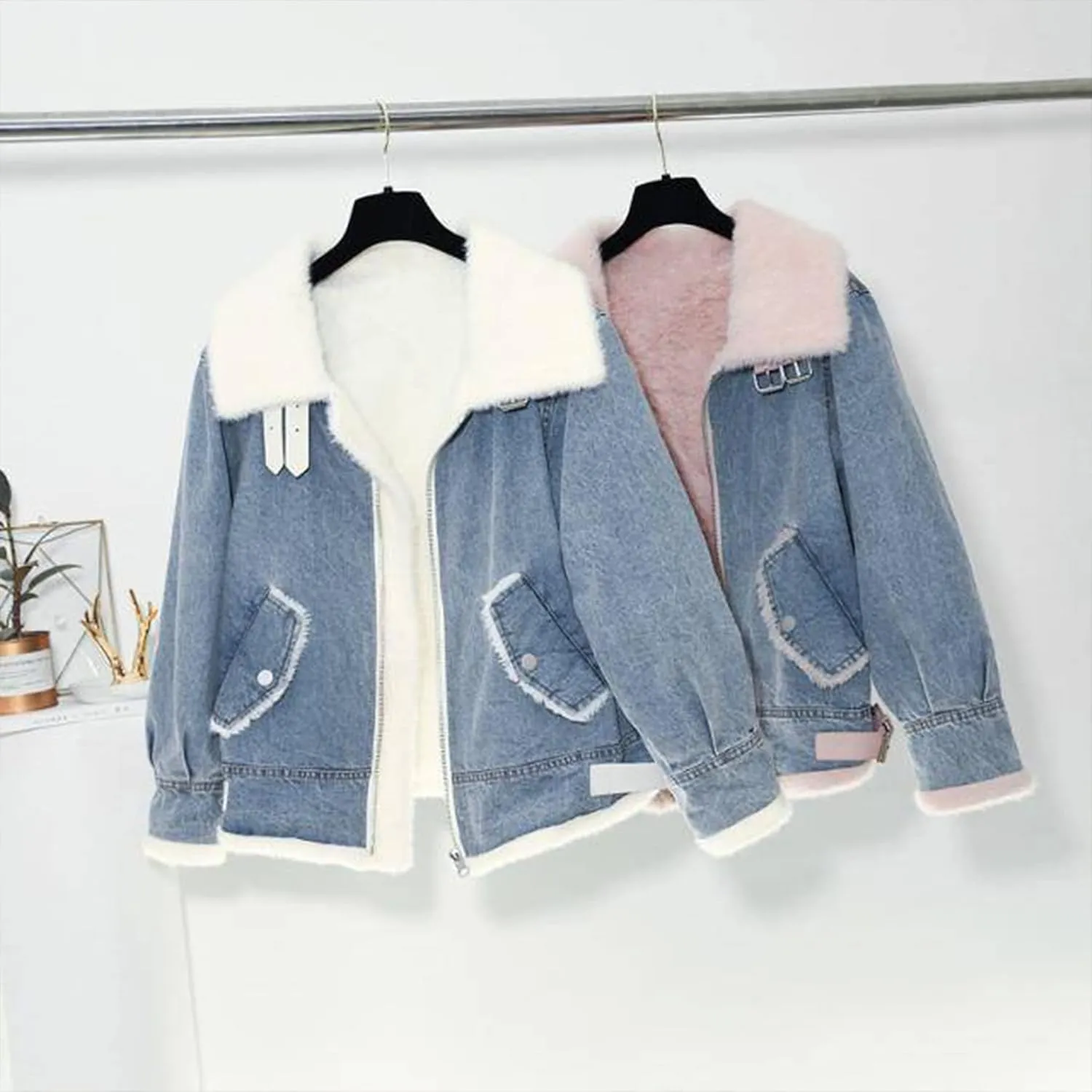 HangNiFang Women's Sherpa Fleece Lined Denim Jacket Winter Zip Up Jean Coat Outerwear