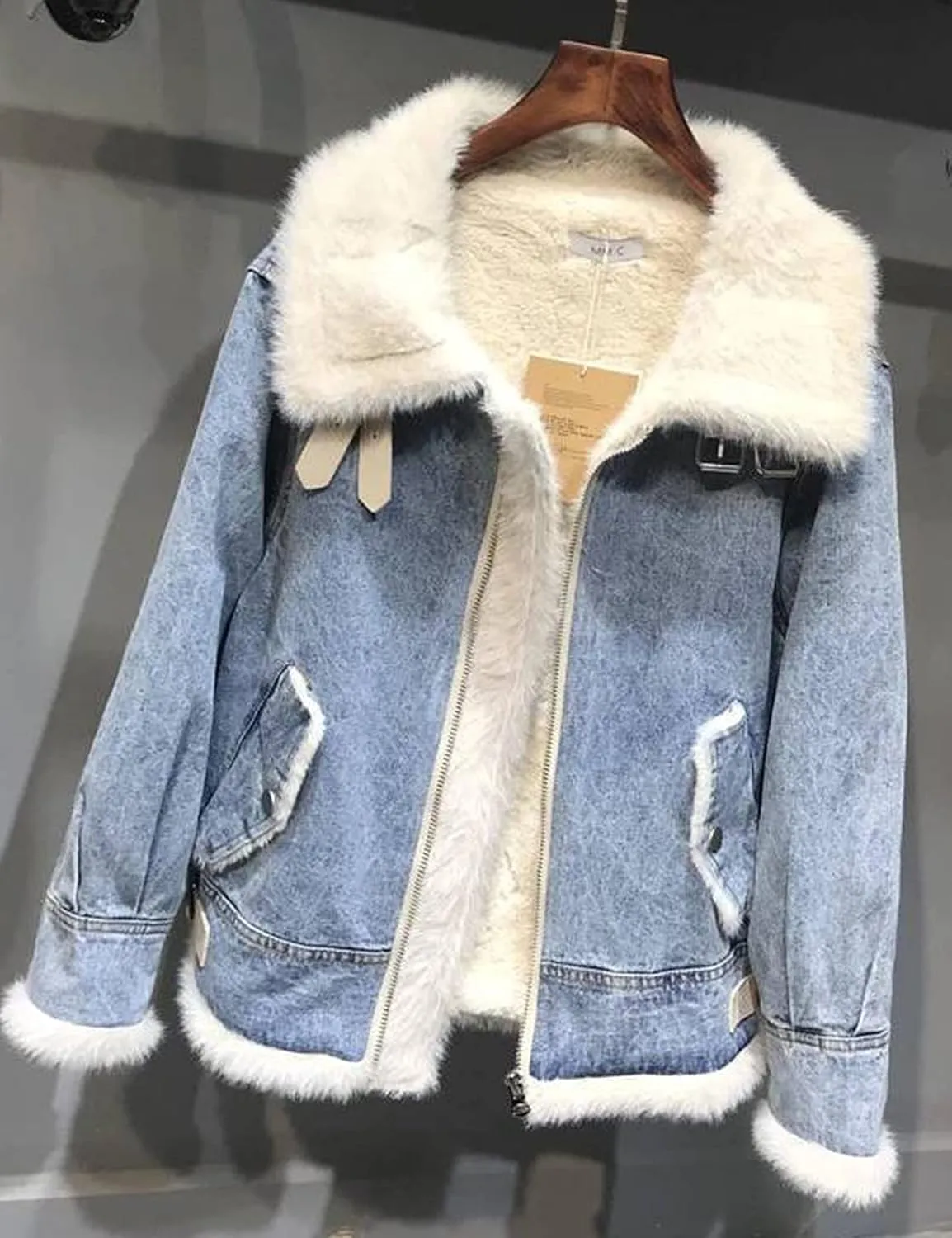 HangNiFang Women's Sherpa Fleece Lined Denim Jacket Winter Zip Up Jean Coat Outerwear