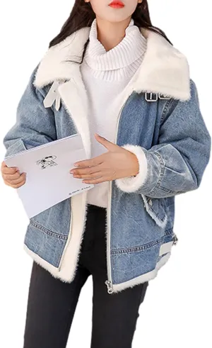 HangNiFang Women's Sherpa Fleece Lined Denim Jacket Winter Zip Up Jean Coat Outerwear