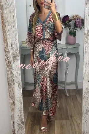 Harlen Satin Unique Printed Loose Shirt Top and Elastic Waist Maxi Skirt Set