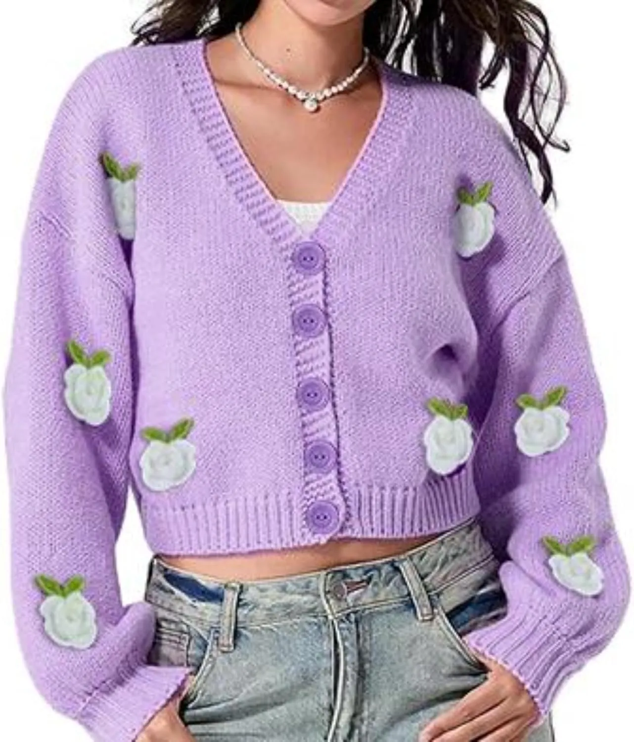 Heart Cute Cropped Cardigan for Women Aesthetic Embroidered Floral Knit Button Down Sweater Outwear