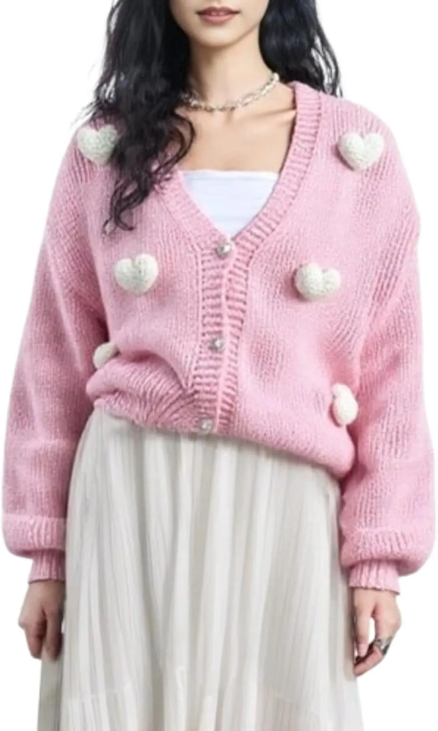 Heart Cute Cropped Cardigan for Women Aesthetic Embroidered Floral Knit Button Down Sweater Outwear