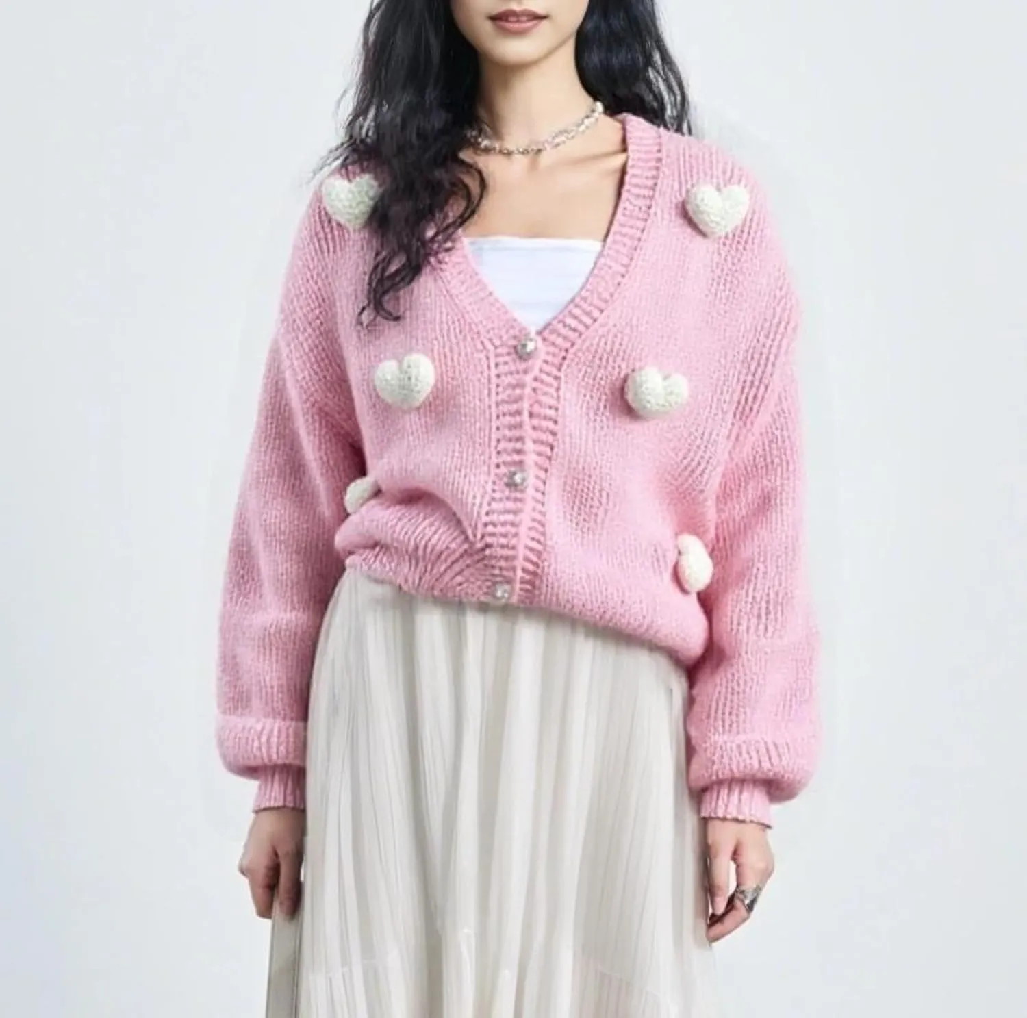 Heart Cute Cropped Cardigan for Women Aesthetic Embroidered Floral Knit Button Down Sweater Outwear