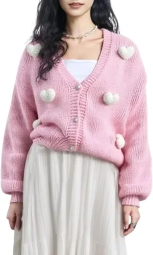 Heart Cute Cropped Cardigan for Women Aesthetic Embroidered Floral Knit Button Down Sweater Outwear