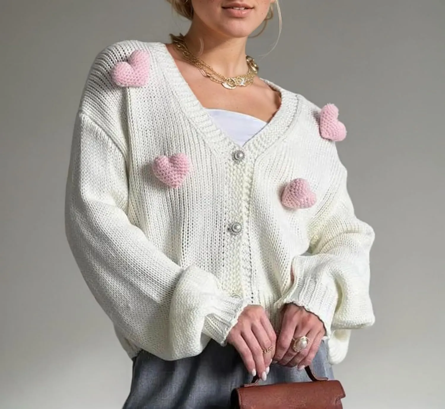 Heart Cute Cropped Cardigan for Women Aesthetic Embroidered Floral Knit Button Down Sweater Outwear