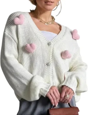 Heart Cute Cropped Cardigan for Women Aesthetic Embroidered Floral Knit Button Down Sweater Outwear