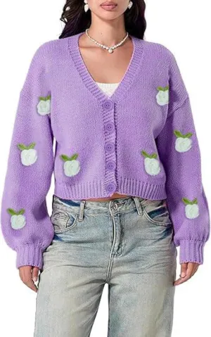 Heart Cute Cropped Cardigan for Women Aesthetic Embroidered Floral Knit Button Down Sweater Outwear