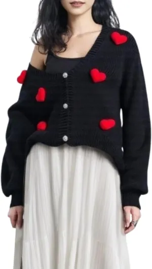 Heart Cute Cropped Cardigan for Women Aesthetic Embroidered Floral Knit Button Down Sweater Outwear