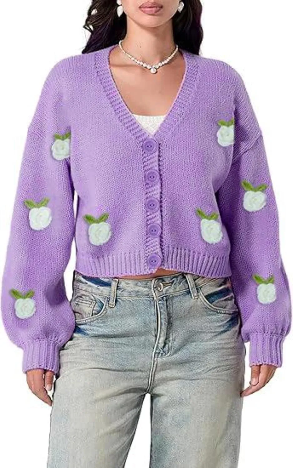 Heart Cute Cropped Cardigan for Women Aesthetic Embroidered Floral Knit Button Down Sweater Outwear