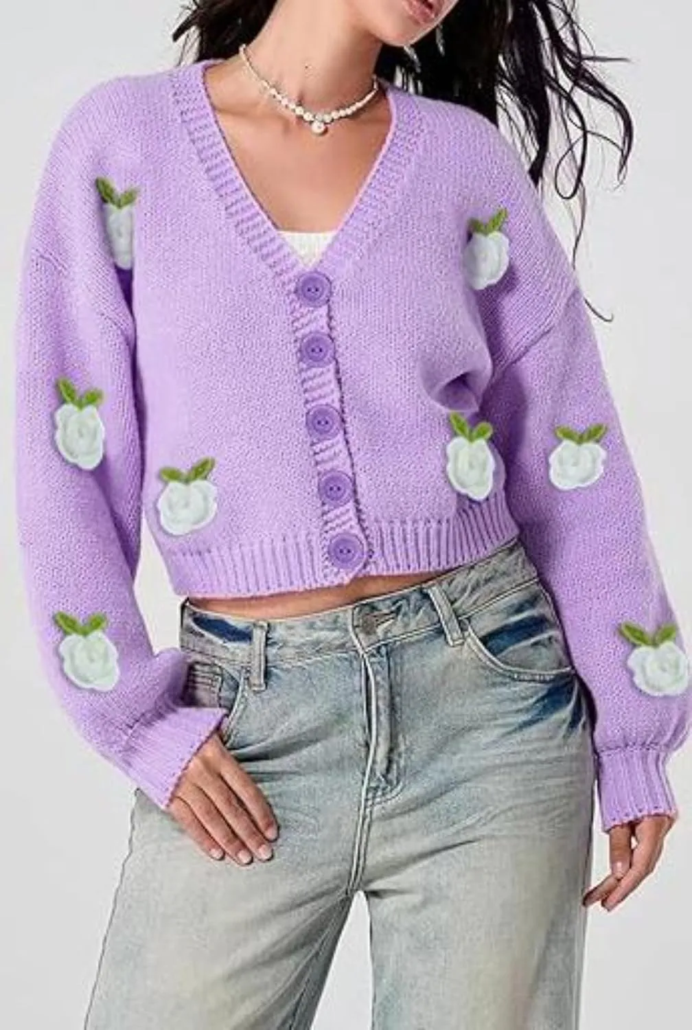 Heart Cute Cropped Cardigan for Women Aesthetic Embroidered Floral Knit Button Down Sweater Outwear